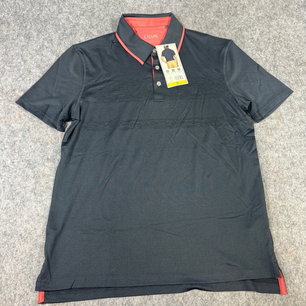 Chaps Golf Mens Performance Polo Shirt Black Red Trim 4-Way Stretch Small NEW